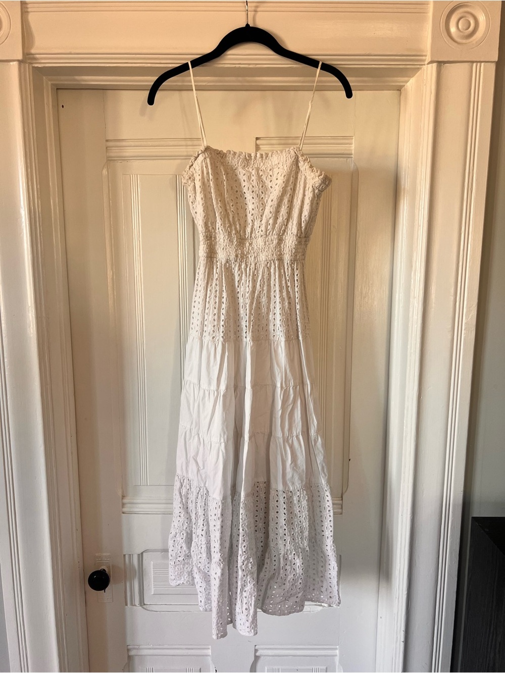 White Eyelet Tiered Maxi Dress with Spaghetti Straps and Smocked Bodice